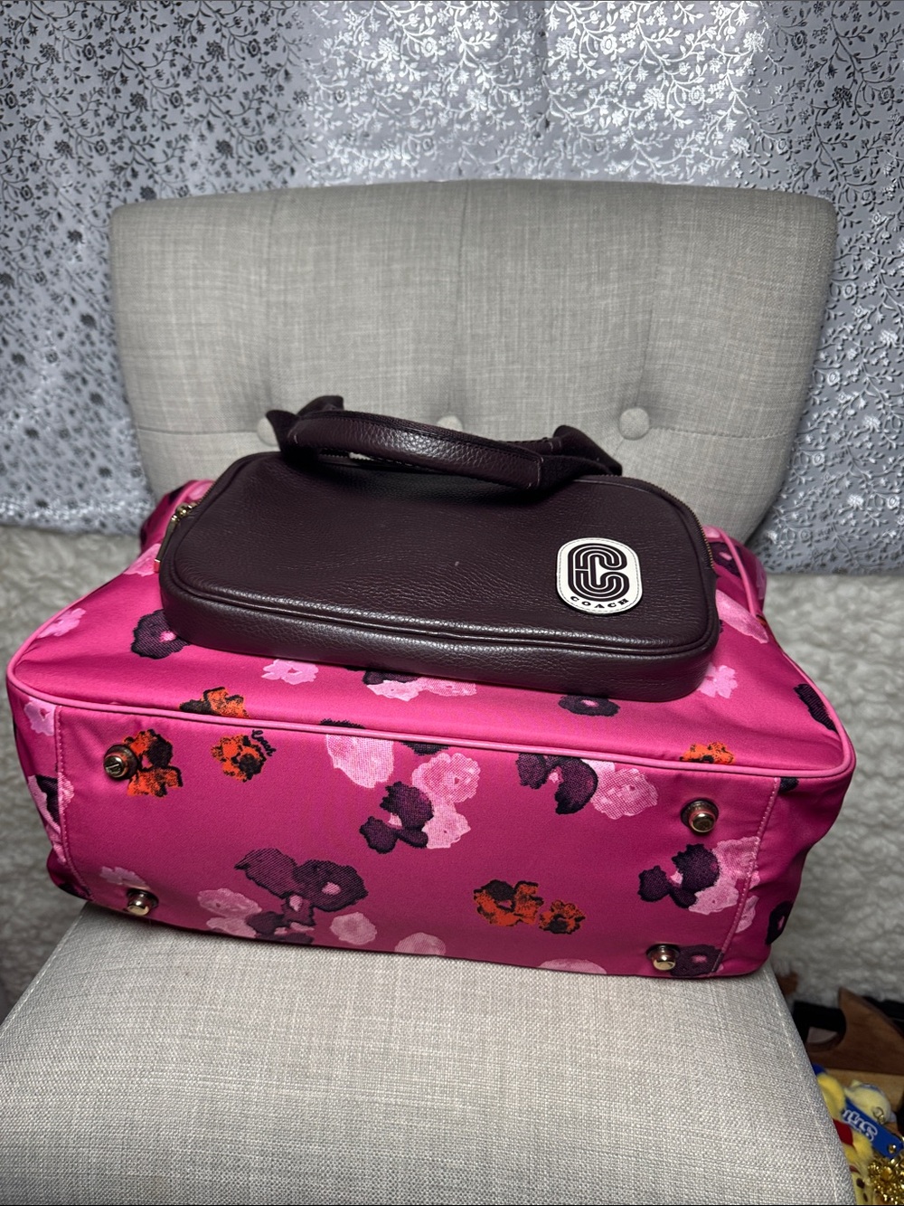 Coach Pink Floral Tote with Brown Front Pocket and Matching Logo Tumbler - Picture 5 of 10